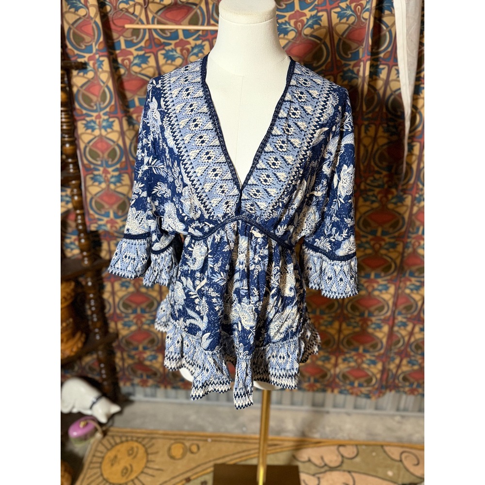 ANGIE‎ Blue White Floral Print Kimono Sleeve Tunic Top Boho Peasant